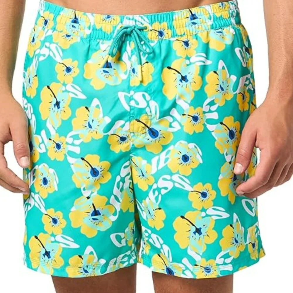 NWT M GUESS Men’s Eco Swim Trunk – Light Blue Ibiscus Logo Print